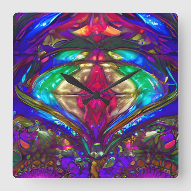 Relógio Quadrado Padrão de vidro colado clássico em azul, verde, ve (Frente)