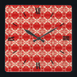 Relógio Quadrado Padrão de wallpaper Art Deco - vermelho e branco<br><div class="desc">Um wallpaper/padrão em forma de maré/Art Deco - profundo,  verdadeiro vermelho,  branco e tons de coral,  com fundo vermelho sólido</div>