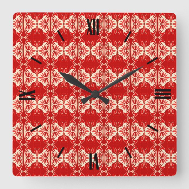 Relógio Quadrado Padrão de wallpaper Art Deco - vermelho e branco (Frente)