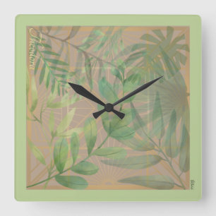 Relógio Quadrado Padrão Dourado do Abstrato verde-Dourado Chic