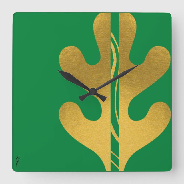 Relógio Quadrado Padrão Dourado moderno de folha de Abstrato verde (Frente)