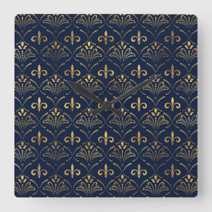 Relógio Quadrado Padrão elegante de Fleur-de-lis - azul Dourado e 