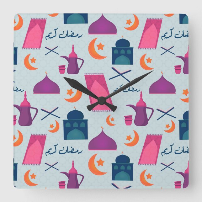 Relógio Quadrado Padrão Feliz Ramadão (Frente)