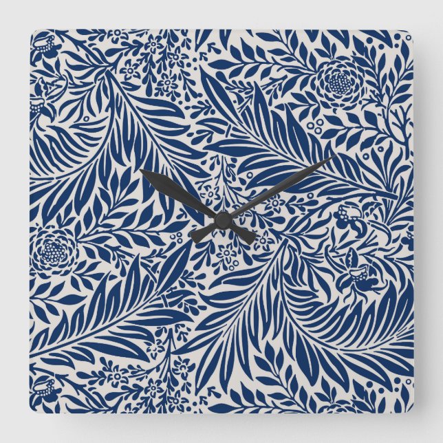 Relógio Quadrado padrão floral azul com folhas e flores diversas (Frente)