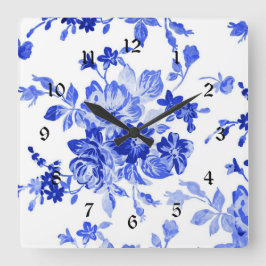 Relógio Quadrado Padrão Floral Branco e Azul da Vintage