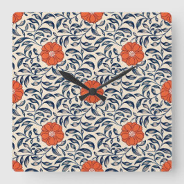 Relógio Quadrado Padrão floral contínuo com flor laranja vibrante