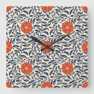 Relógio Quadrado Padrão floral contínuo com flor laranja vibrante