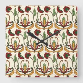Relógio Quadrado Padrão floral contínuo com vermelho e amarelo
