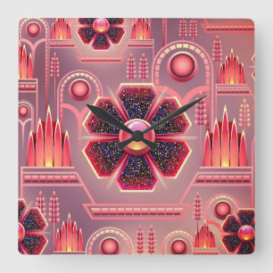 Relógio Quadrado Padrão floral de arte deco vegetação geométric