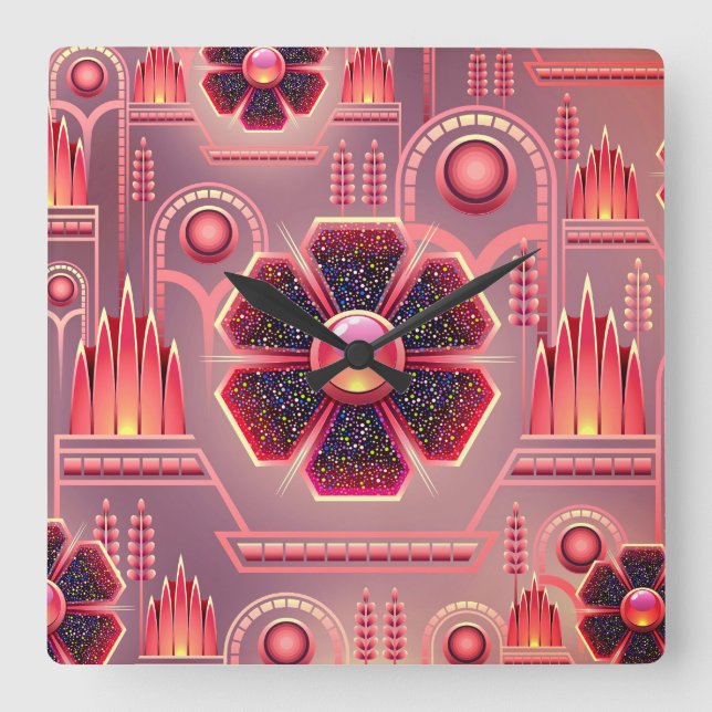 Relógio Quadrado Padrão floral de arte deco vegetação geométrica fl (Frente)