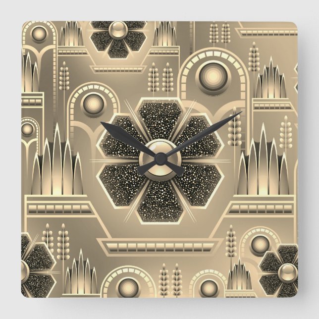 Relógio Quadrado Padrão floral de arte deco vegetativo geométrico f (Frente)