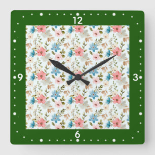 Relógio Quadrado Padrão Floral de Flores Silvestres Aquarela