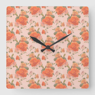 Relógio Quadrado padrão floral de rosa laranja cor-de-rosa casament