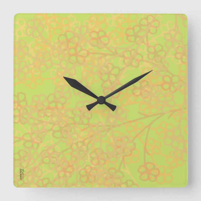 Relógio Quadrado Padrão Floral Elegante Dourado de Abstrato verde (Frente)