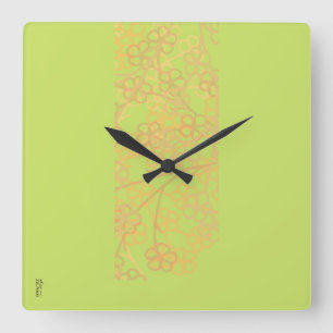 Relógio Quadrado Padrão Floral Elegante Dourado de Abstrato verde
