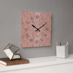 Relógio Quadrado Padrão floral em rosa dourado