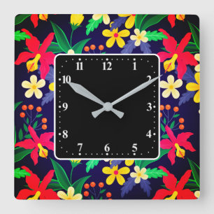 Relógio Quadrado Padrão Floral Exótico Colorido-23021