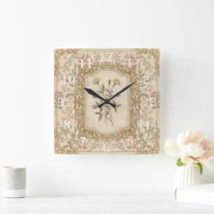 Relógio Quadrado Padrão Floral Gravado Francês Vintage Elegante