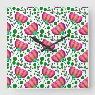 Relógio Quadrado Padrão Floral Laranja Rosa Vibrante