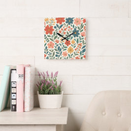 Relógio Quadrado Padrão Floral Pintado à Mão – Botânica Colorida