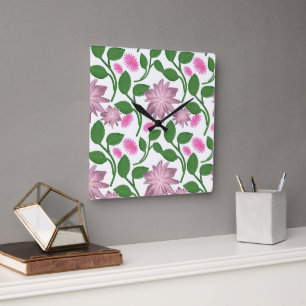 Relógio Quadrado Padrão floral rosa com folhas verdes