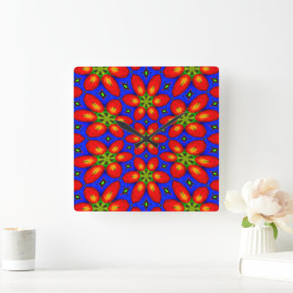 Relógio Quadrado Padrão Floral Vermelho Cinto