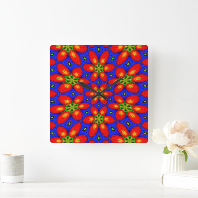 Relógio Quadrado Padrão Floral Vermelho Cinto (Lar)