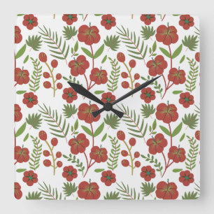Relógio Quadrado Padrão floral vermelho sem costura sobre fundo bra