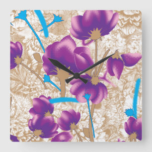 Relógio Quadrado Padrão floral vibrante com púrpura e azul f