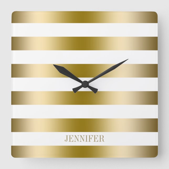 Relógio Quadrado Padrão Geométrico Dourado de Stripes (Frente)