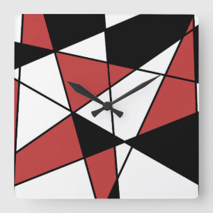 Relógio Quadrado Padrão Geométrico Moderno Vermelho Preto e Branco