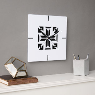 Relógio Quadrado Padrão Geométrico Preto e Branco Elegante