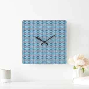 Relógio Quadrado Padrão geométrico vintage azul e cinza