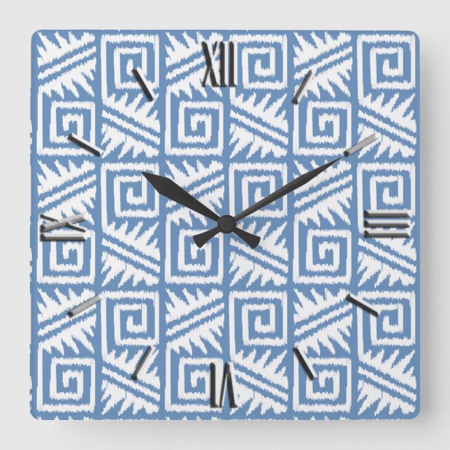 Relógio Quadrado Padrão Ikat Aztec - Azul-Céu e Branco (Frente)