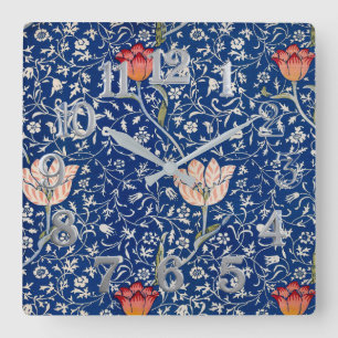 Relógio Quadrado Padrão Índigo Floral Tulipa Vintage William Morris