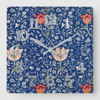 Relógio Quadrado Padrão Índigo Floral Tulipa Vintage William Morris