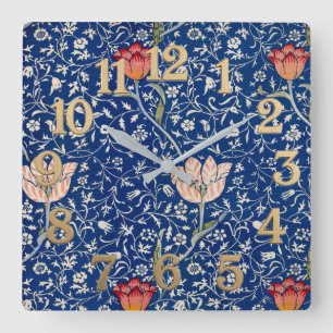 Relógio Quadrado Padrão Índigo Floral Tulipa Vintage William Morris