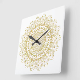 Relógio Quadrado Padrão mandal ornamentado a ouro sobre branco