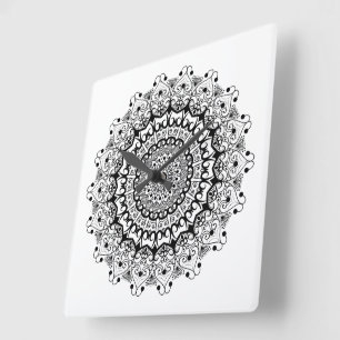 Relógio Quadrado Padrão mandal ornamentado preto no branco