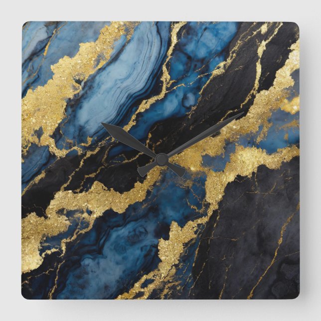 Relógio Quadrado Padrão Marble Azul com Dourado (Frente)