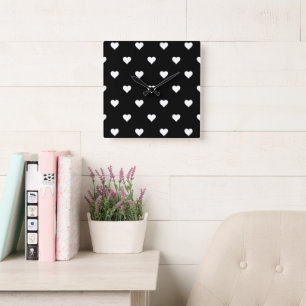 Relógio Quadrado Padrão Minimalista do Coração Negro e Branco