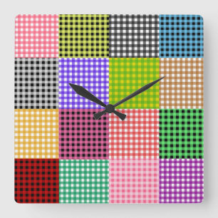Relógio Quadrado Padrão Multicolor de Xadrez de Patchwork Gingham