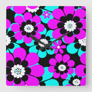 Relógio Quadrado Padrão Neon Floral Roxo e Flores Turquesa