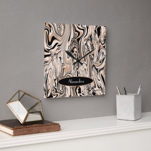 Relógio Quadrado Padrão Preto Marrom da Cor Marrom da Mancha Moder