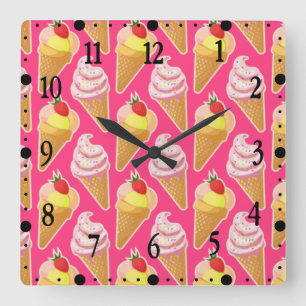 Relógio Quadrado Padrão rosa Kawaii com sorvete de morango