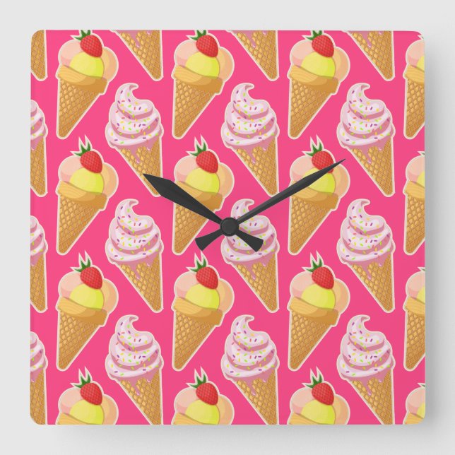 Relógio Quadrado Padrão rosa Kawaii com sorvete de morango  (Frente)