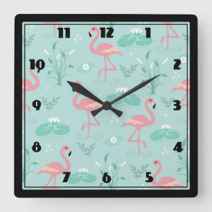 Relógio Quadrado Padrão Verde Flamingos Rosa Pastel