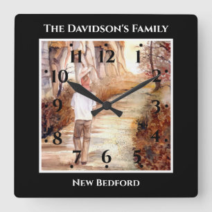 Relógio Quadrado Padre Filha Passeia de outono Aquarela
