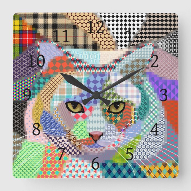 Relógio Quadrado Padrões de múltiplos cores Cat 678 (Frente)