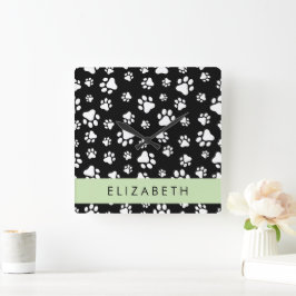 Relógio Quadrado Padrões de pata, patas de cão, preto e branco, seu